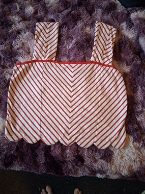 Anthropologie Red and White Striped Scallop-Hem  Top